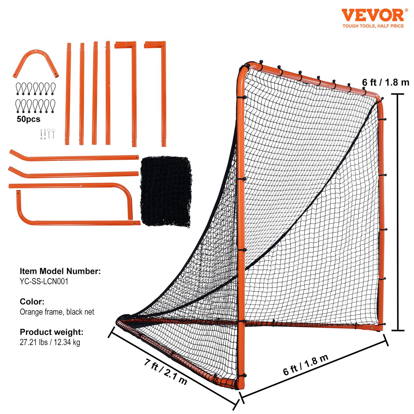 VEVOR Lacrosse Goal, 6' x 6' Lacrosse Net, Folding Portable Backyard Lacrosse Training Equipment, Steel Frame Training Net, Quick & Easy Setup Lacrosse Goal, Perfect for Youth Adult Training, Orange