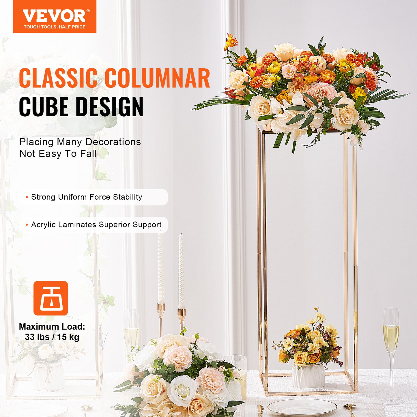 VEVOR 10PCS 31.5inch High Wedding Flower Stand, With Acrylic Laminate,Metal Vase Column Geometric Centerpiece Stands, Gold Rectangular Floral Display Rack for Events Reception, Party Decoration