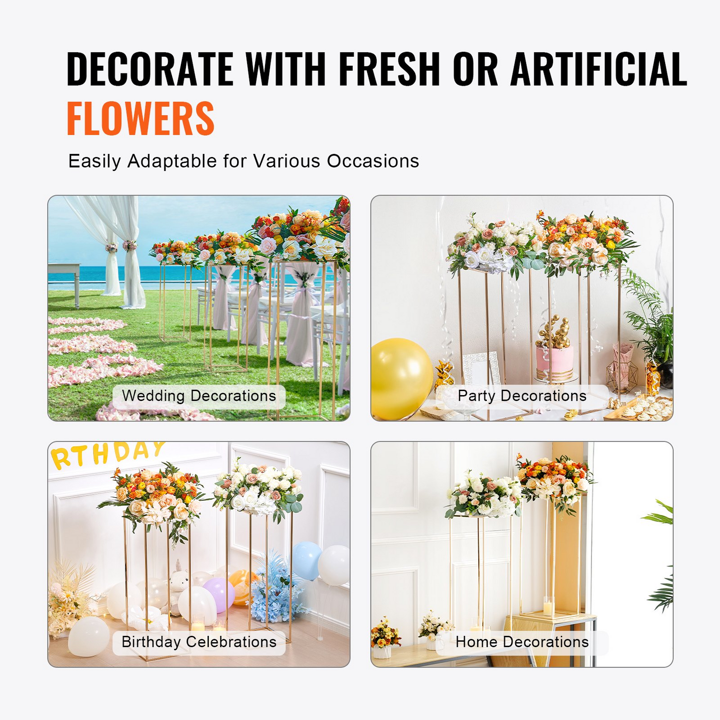 VEVOR 10PCS 31.5inch High Wedding Flower Stand, With Acrylic Laminate,Metal Vase Column Geometric Centerpiece Stands, Gold Rectangular Floral Display Rack for Events Reception, Party Decoration