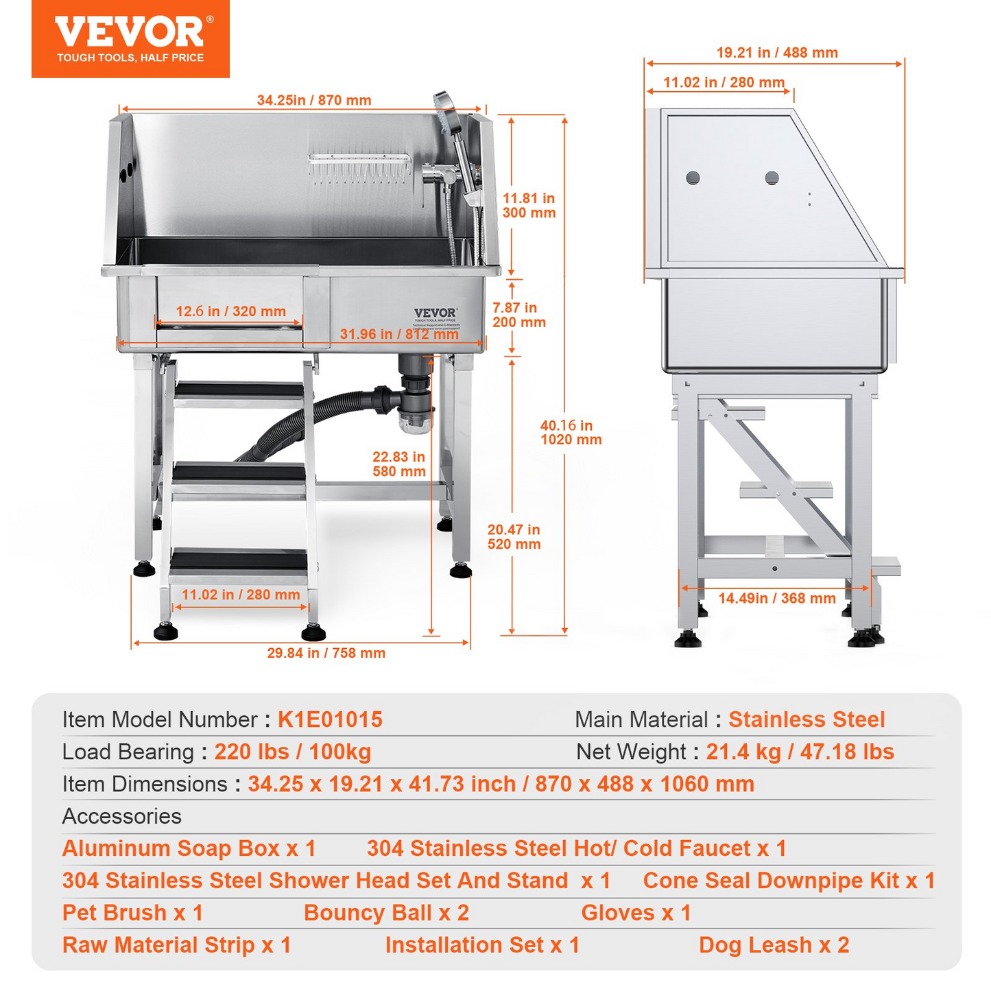 VEVOR 34" Pet Dog Bathing Station w/Ramp, Professional Stainless Steel Dog Grooming Tub w/ Storage Drawer, Faucet,Rich Accessory, Dog Bathtub for Large,Medium,Small Pets, Washing Sink for Home(Left)