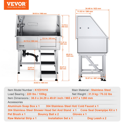 VEVOR 38" Pet Dog Bathing Station w/Ramp, Professional Stainless Steel Dog Grooming Tub w/ Storage Drawer, Floor Grate, Faucet, Dog Bathtub for Large,Medium,Small Pets, Washing Sink for Home(Right)