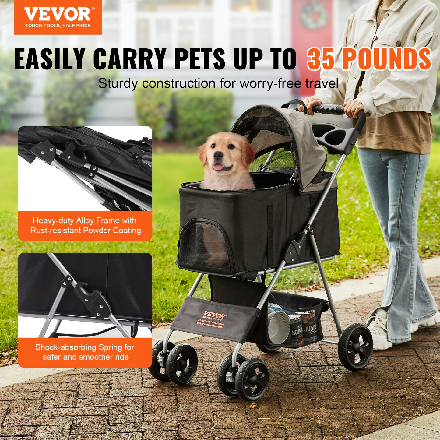 VEVOR Pet Stroller, 4 Wheels Dog Stroller Rotate with Brakes, 35lbs Weight Capacity, Puppy Stroller with Detachable Carrier, Storage Basket and Cup Holder, for Dogs and Cats Travel, Black+Dark Grey