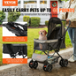 VEVOR Pet Stroller, 4 Wheels Dog Stroller Rotate with Brakes, 44lbs Weight Capacity, Puppy Stroller with Reversible Handlebar, Storage Basket and Zipper, for Dogs and Cats Travel, Black+Grey