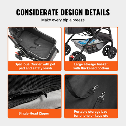 VEVOR Pet Stroller, 4 Wheels Dog Stroller Rotate with Brakes, 44lbs Weight Capacity, Puppy Stroller with Reversible Handlebar, Storage Basket and Zipper, for Dogs and Cats Travel, Black+Grey