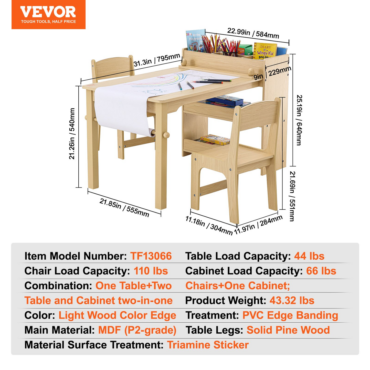 VEVOR Kids Art Table and 2 Chairs, 2-in-1 Toddler Craft and Play Activity Table, Wood Toddler Table and Chair Set with A Cabinet for Art, Craft, Reading, Learning