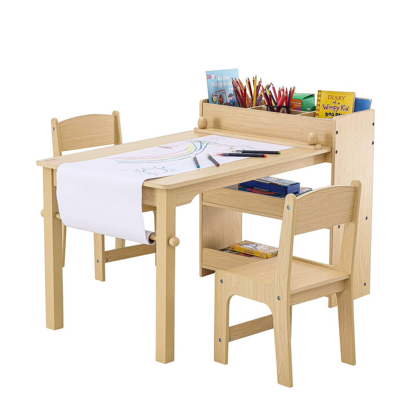 VEVOR Kids Art Table and 2 Chairs, 2-in-1 Toddler Craft and Play Activity Table, Wood Toddler Table and Chair Set with A Cabinet for Art, Craft, Reading, Learning