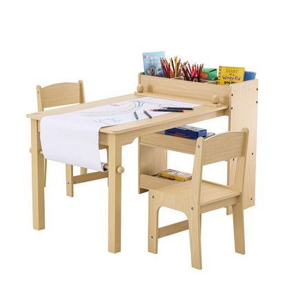 VEVOR Kids Art Table and 2 Chairs, 2-in-1 Toddler Craft and Play Activity Table, Wood Toddler Table and Chair Set with A Cabinet for Art, Craft, Reading, Learning