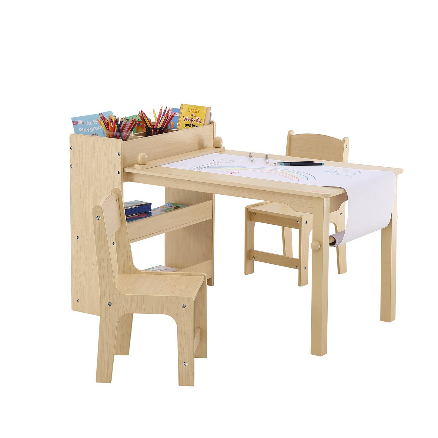 VEVOR Kids Art Table and 2 Chairs, 2-in-1 Toddler Craft and Play Activity Table, Wood Toddler Table and Chair Set with A Cabinet for Art, Craft, Reading, Learning