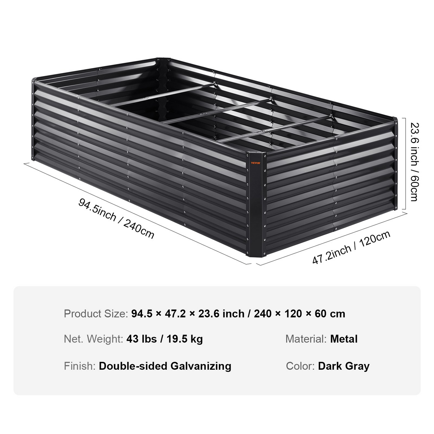 VEVOR Galvanized Raised Garden Bed Planter Box 94.5x47.2x23.6" Flower Vegetable