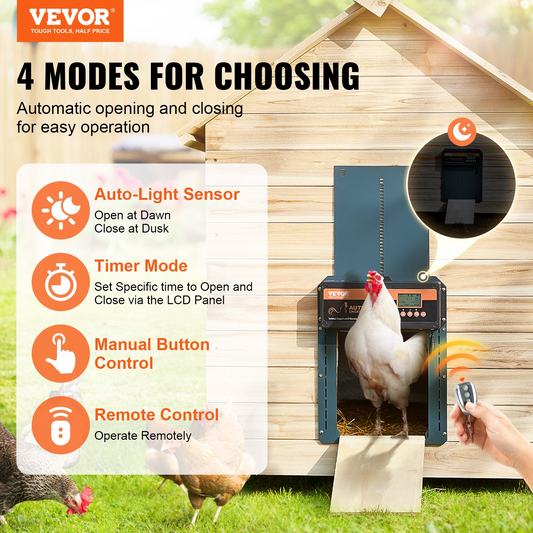 VEVOR Automatic Chicken Coop Door with Timer, Light Sensor & Remote Control