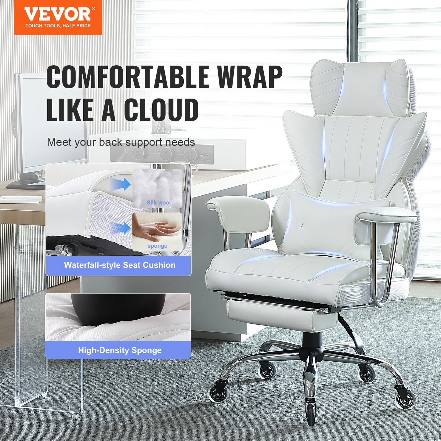 VEVOR Reclining Office Chair with Footrest - Heavy Duty PU Leather, White