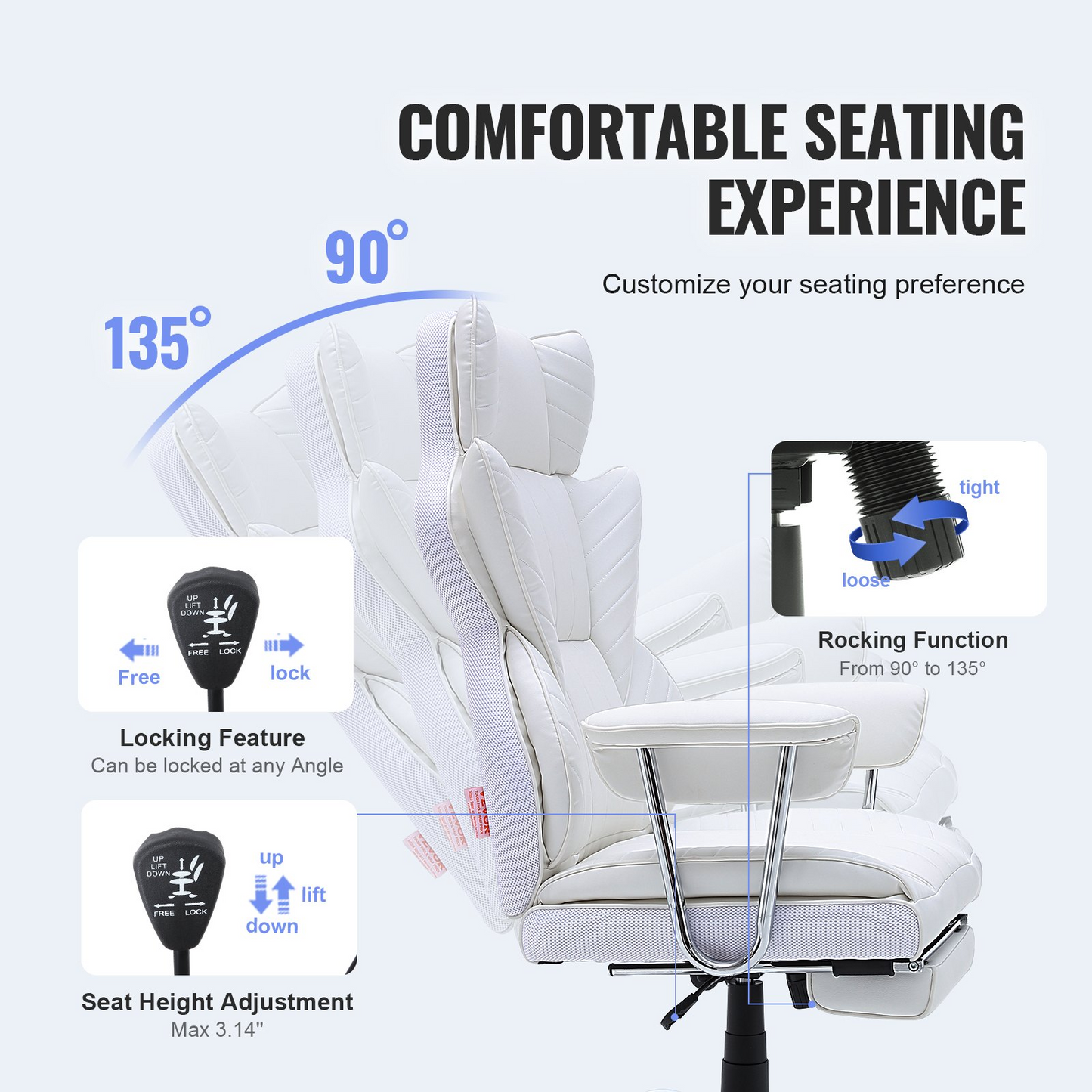 VEVOR Reclining Office Chair with Footrest - Heavy Duty PU Leather, White