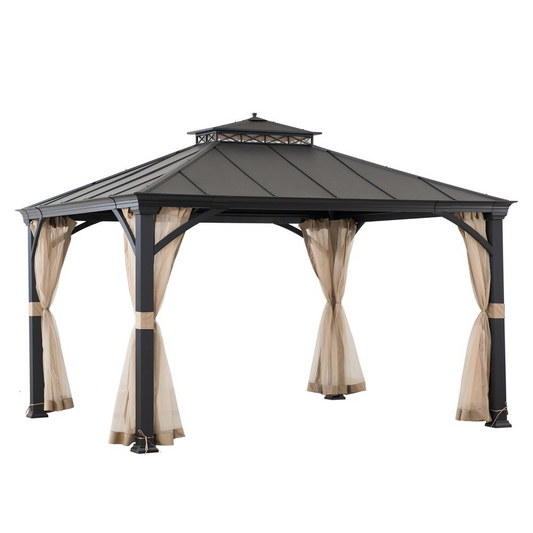 Sunjoy Outdoor Patio 11x13 Black 2-Tier Aluminum Backyard Hardtop Gazebo