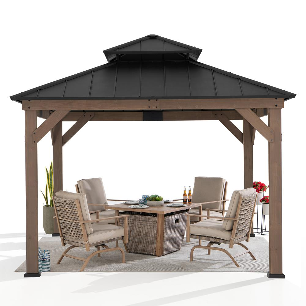 Sunjoy Wooden 11’ x 11’ Outdoor Steel Hardtop Gazebo | Durable Cedar Wood Frame