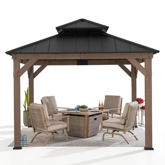 Sunjoy Wooden 11’ x 11’ Outdoor Steel Hardtop Gazebo | Durable Cedar Wood Frame