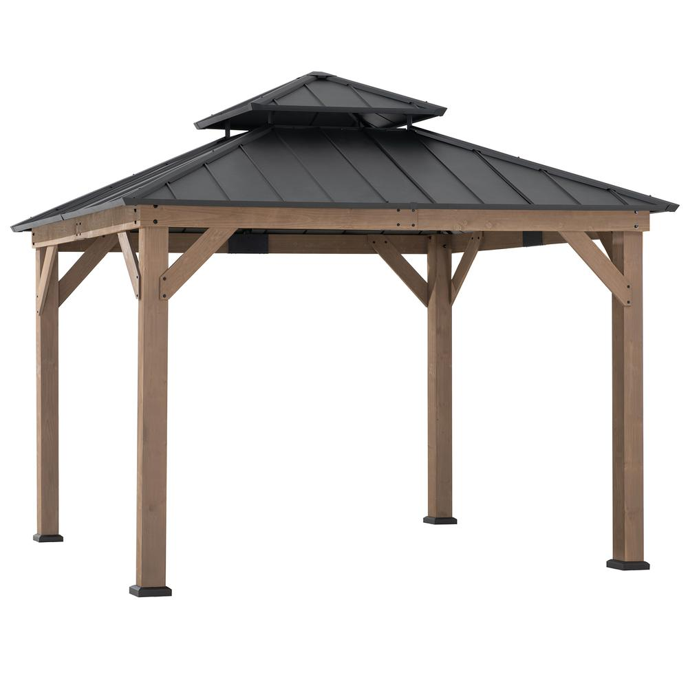 Sunjoy Wooden 11’ x 11’ Outdoor Steel Hardtop Gazebo | Durable Cedar Wood Frame