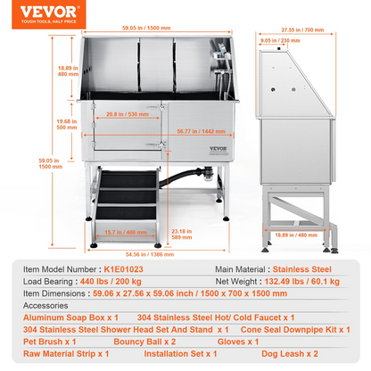 VEVOR 62" Pet Dog Bathing Station w/Ramp, Professional Stainless Steel Dog Grooming Tub w/ Soap Box, Faucet,Rich Accessory,Bathtub for Large,Medium,Small Pet, Washing Sink for Home(Left)