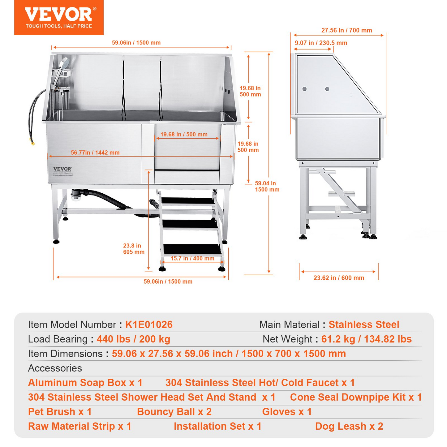 VEVOR 62" Pet Dog Bathing Station w/Stairs, Professional Stainless Steel Dog Grooming Tub w/ Soap Box, Faucet,Rich Accessory,Bathtub for Large,Medium,Small Pet, Washing Sink for Home(Right)