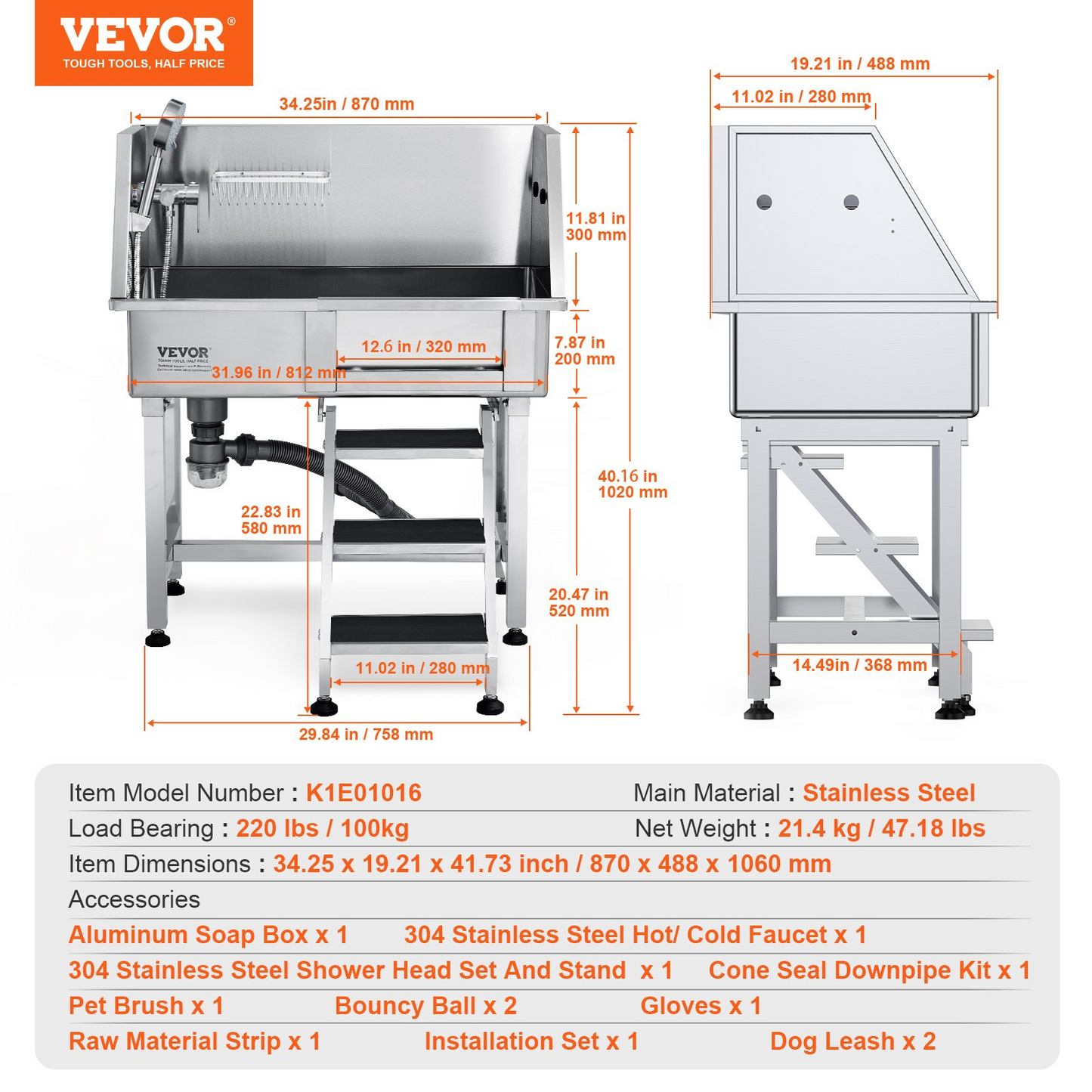 VEVOR 34" Pet Dog Bathing Station w/Ramp, Professional Stainless Steel Dog Grooming Tub w/ Storage Drawer, Faucet,Rich Accessory, Dog Bathtub for Large,Medium,Small Pets, Washing Sink for Home(Right)