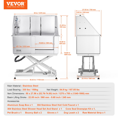 VEVOR 50" Pet Dog Bathing Station Electric Height Adjustment, Professional Stainless Steel Dog Grooming Tub w/ Soap Box, Faucet,Rich Accessory,Bathtub for Multiple Pets, Washing Sink for Home(Right)