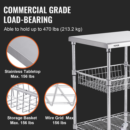 VEVOR 3-Tier Rolling Utility Cart - 24"x20"x36.6", 470 LBS Capacity