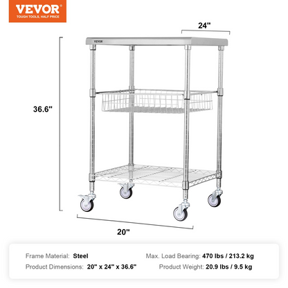 VEVOR 3-Tier Rolling Utility Cart - 24"x20"x36.6", 470 LBS Capacity