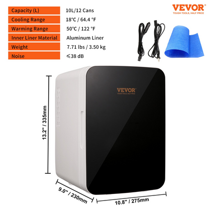 VEVOR 10L Portable Mini Fridge, Cooler & Warmer, Compact for Home & Travel