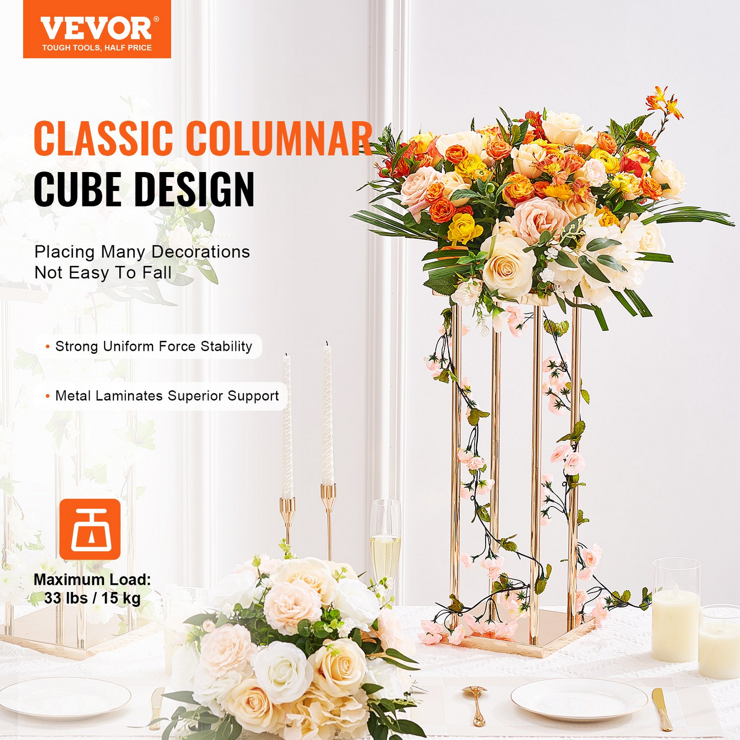 VEVOR 4PCS Gold Metal Column Wedding Flower Stand, 31.5inch High With Metal Laminate, Vase Geometric Centerpiece Stands, Cylindrical Floral Display Rack for Events Reception, Party Road Leads