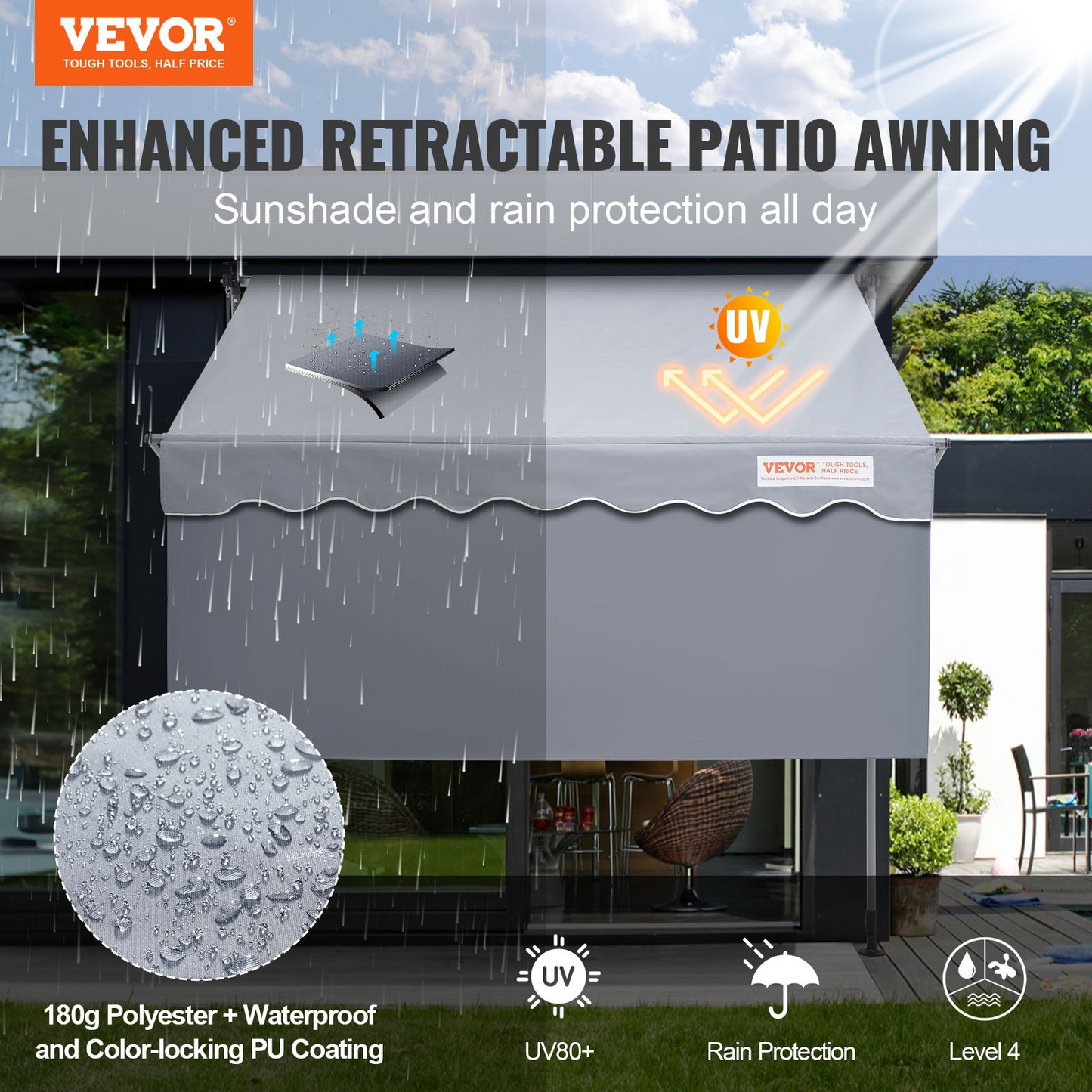 VEVOR Manual Retractable Awning, 78" Outdoor Retractable Patio Awning Sunshade Shelter, Adjustable Patio Door Window Awning Canopy with 39" Sun Shade Curtain for Backyard, Garden, Balcony