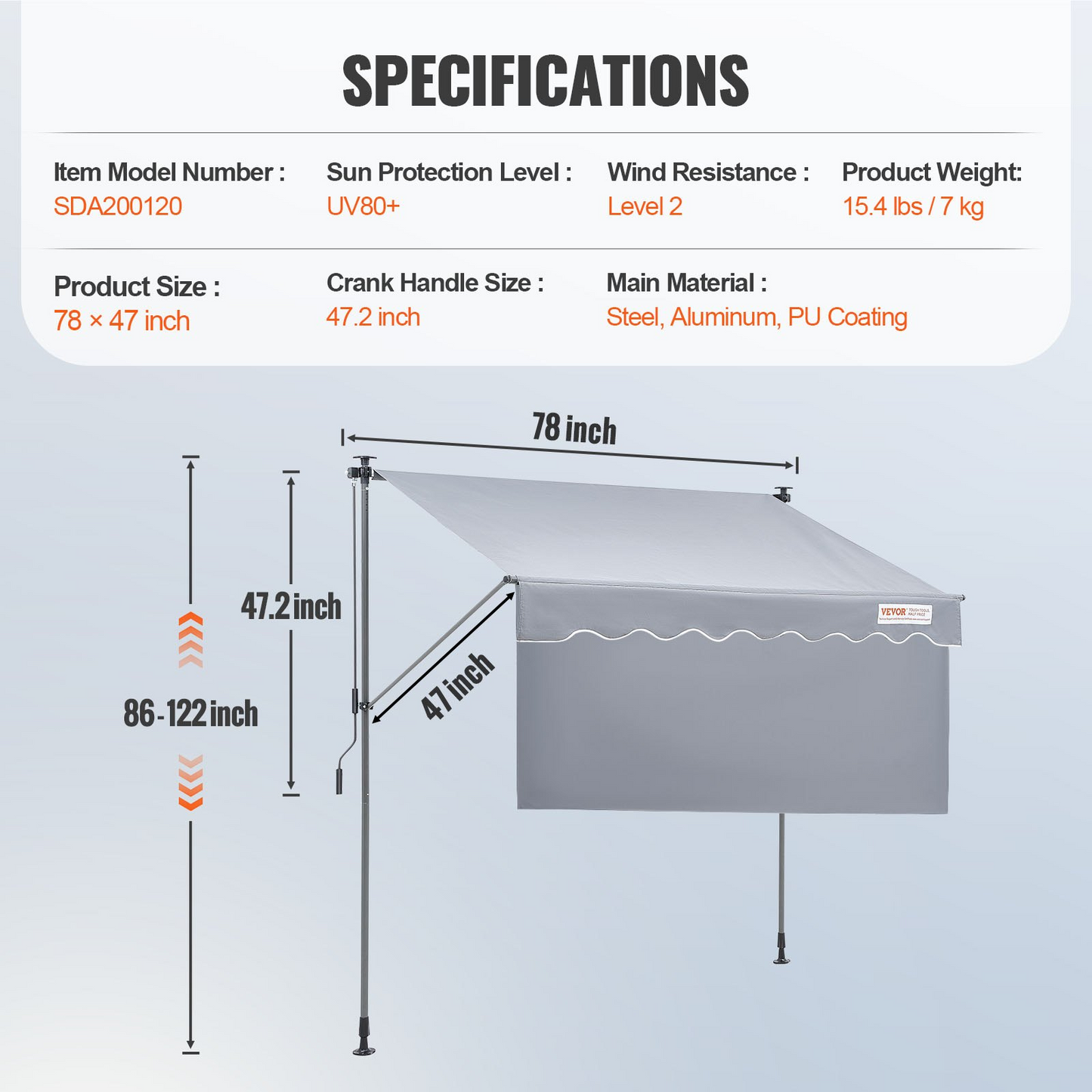 VEVOR 78" Manual Retractable Awning with 39" Sun Shade Curtain