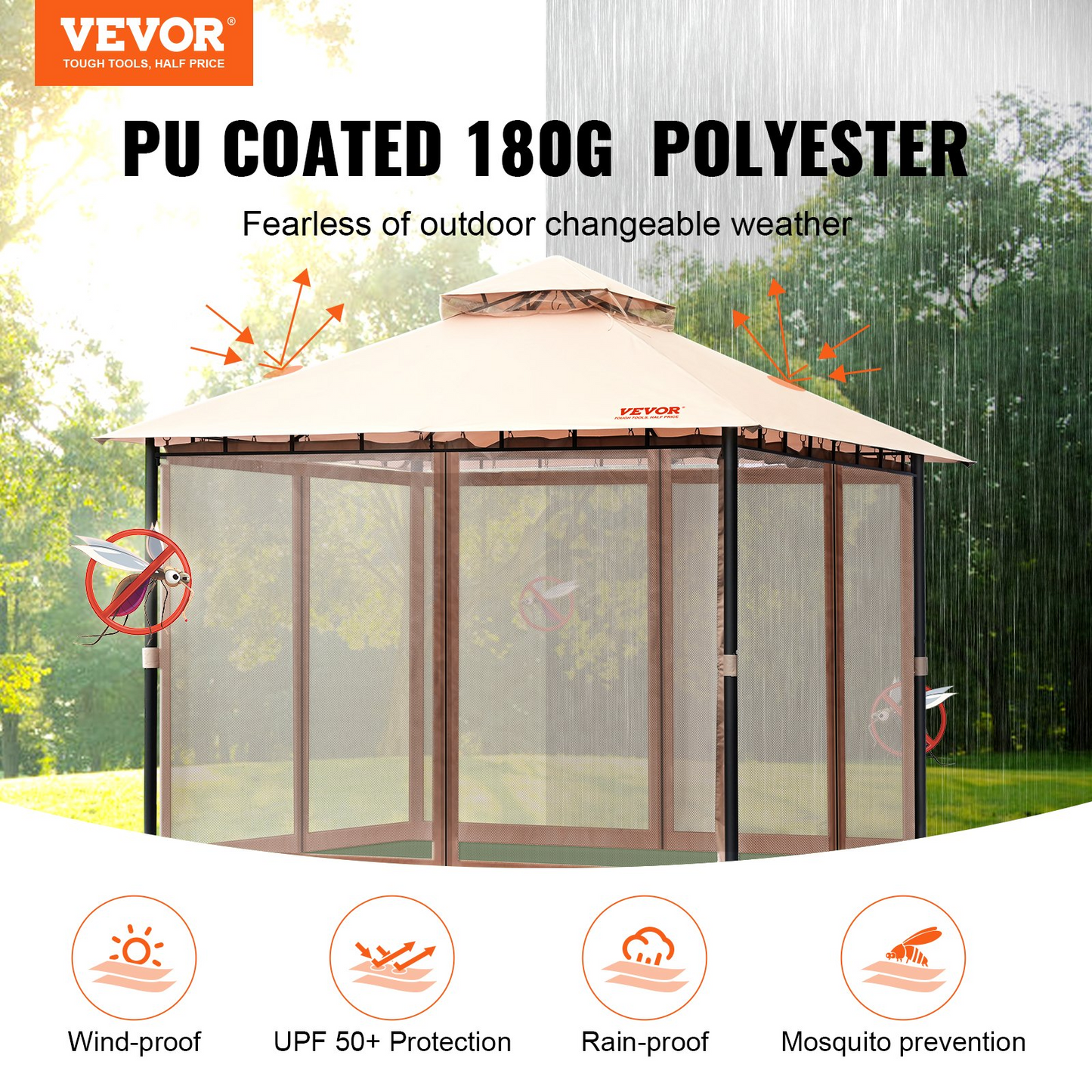 VEVOR Patio Gazebo for 6-8 Person, 10 x 10 FT Backyard Gazebo, with Mosquito Netting, Metal Frame, and PU Coated 180G Polyester, Outdoor Canopy Shelter for Patio, Backyard, Lawn, Garden, Deck