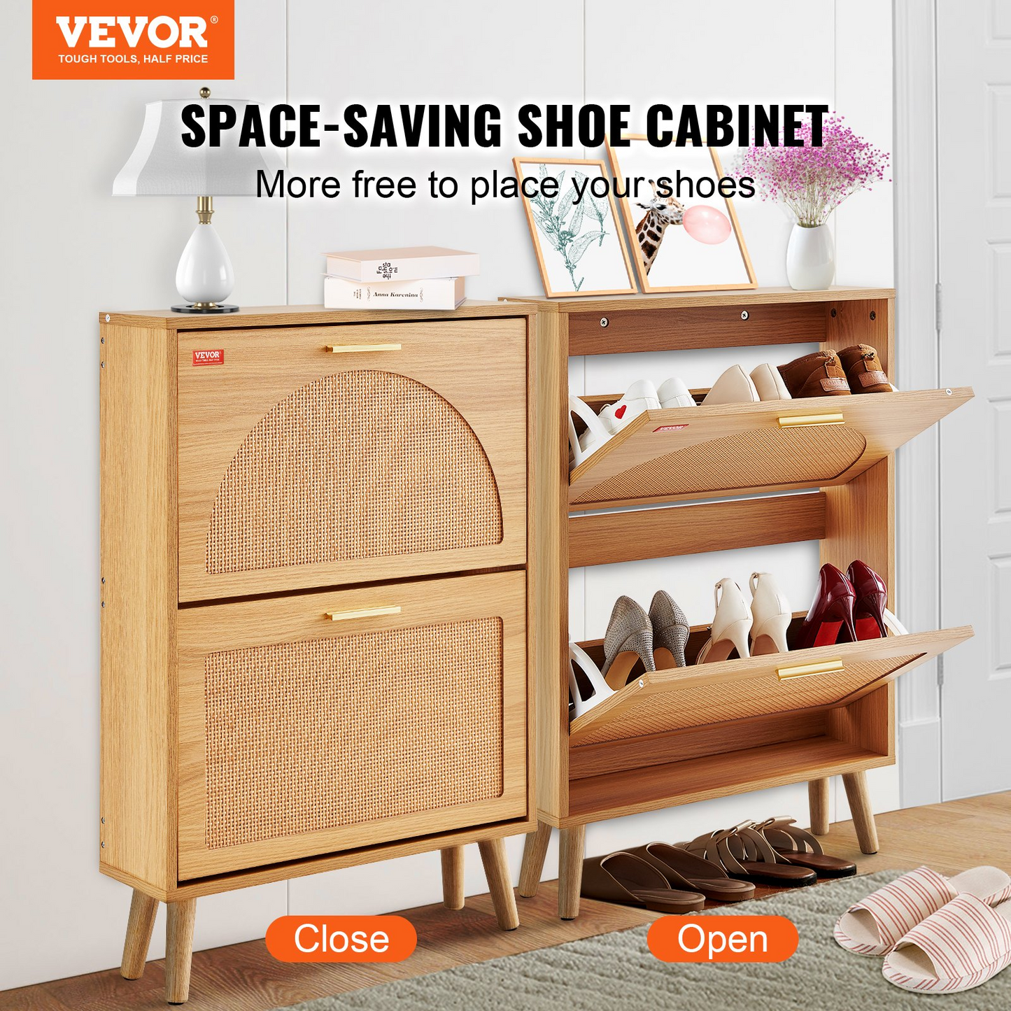 VEVOR 2-Drawer Shoe Cabinet with Rattan Doors for Entryway & Living Room