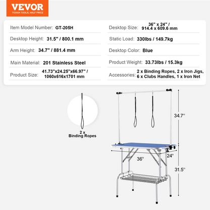 VEVOR Pet Grooming Table Two Arms with Clamp, 36''x24'' Dog Grooming Station, Foldable Pets Grooming Stand for Medium and Small Dogs, Free No Sit Haunch Holder with Grooming Loop, Bearing 330lbs