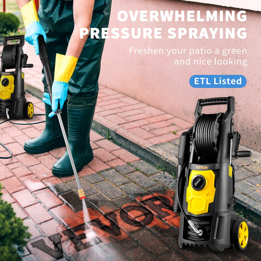 VEVOR Electric Pressure Washer, 2000 PSI, Max 1.65 GPM Power Washer w/ 30 ft Hose & Reel, 5 Quick Connect Nozzles, Foam Cannon, Portable to Clean Patios, Cars, Fences, Driveways, ETL Listed