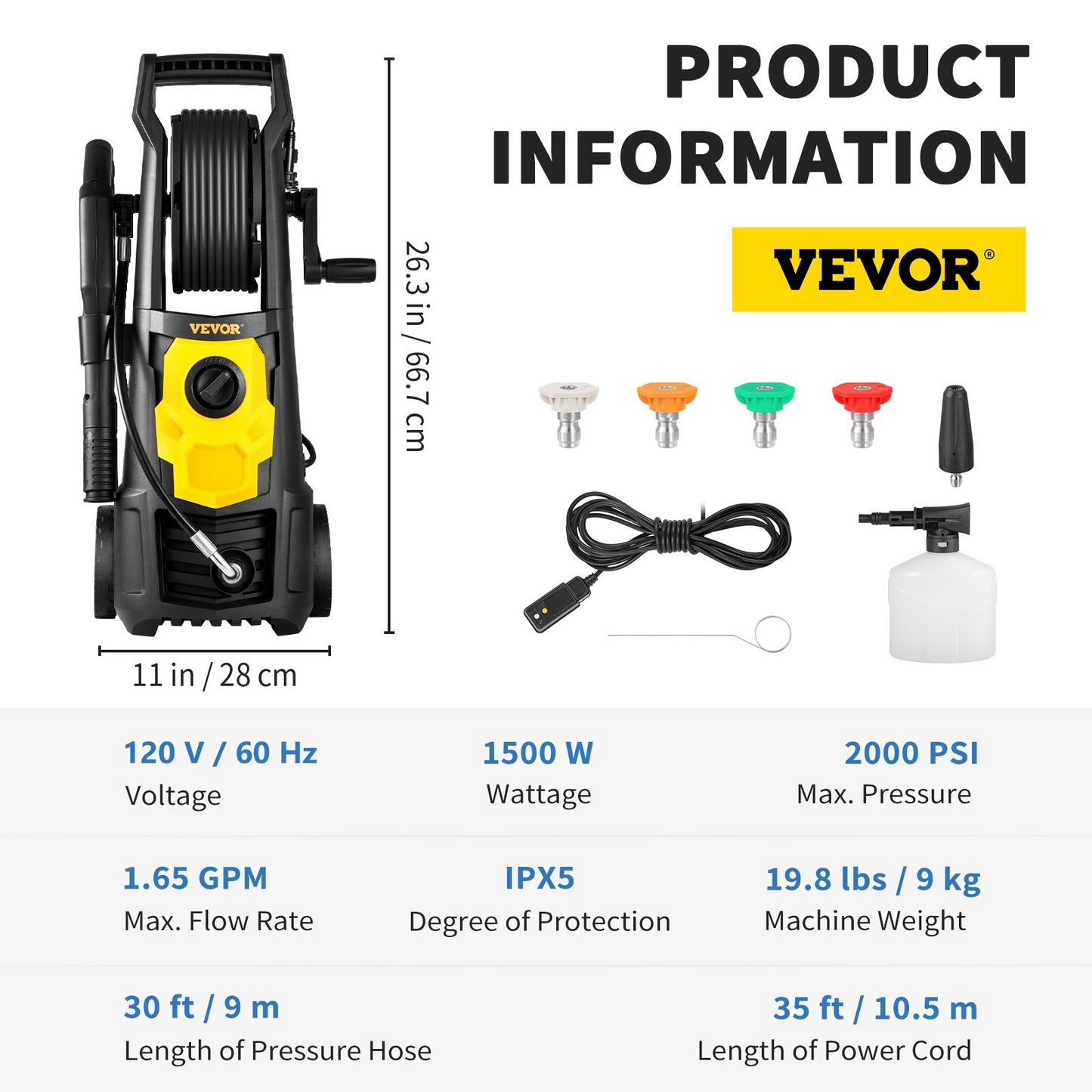 VEVOR Electric Pressure Washer, 2000 PSI, Max 1.65 GPM Power Washer w/ 30 ft Hose & Reel, 5 Quick Connect Nozzles, Foam Cannon, Portable to Clean Patios, Cars, Fences, Driveways, ETL Listed