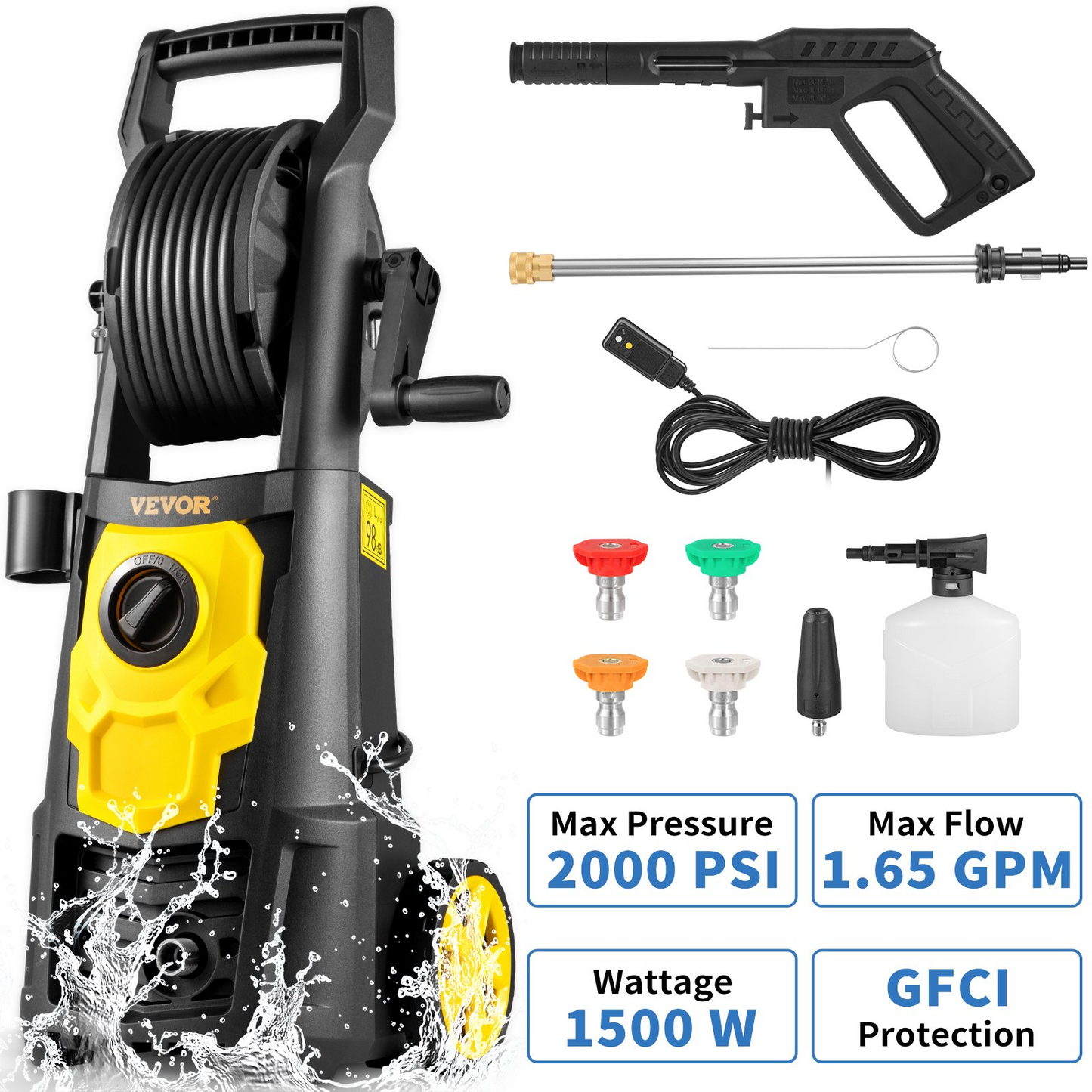 VEVOR Electric Pressure Washer, 2000 PSI, Max 1.65 GPM Power Washer w/ 30 ft Hose & Reel, 5 Quick Connect Nozzles, Foam Cannon, Portable to Clean Patios, Cars, Fences, Driveways, ETL Listed