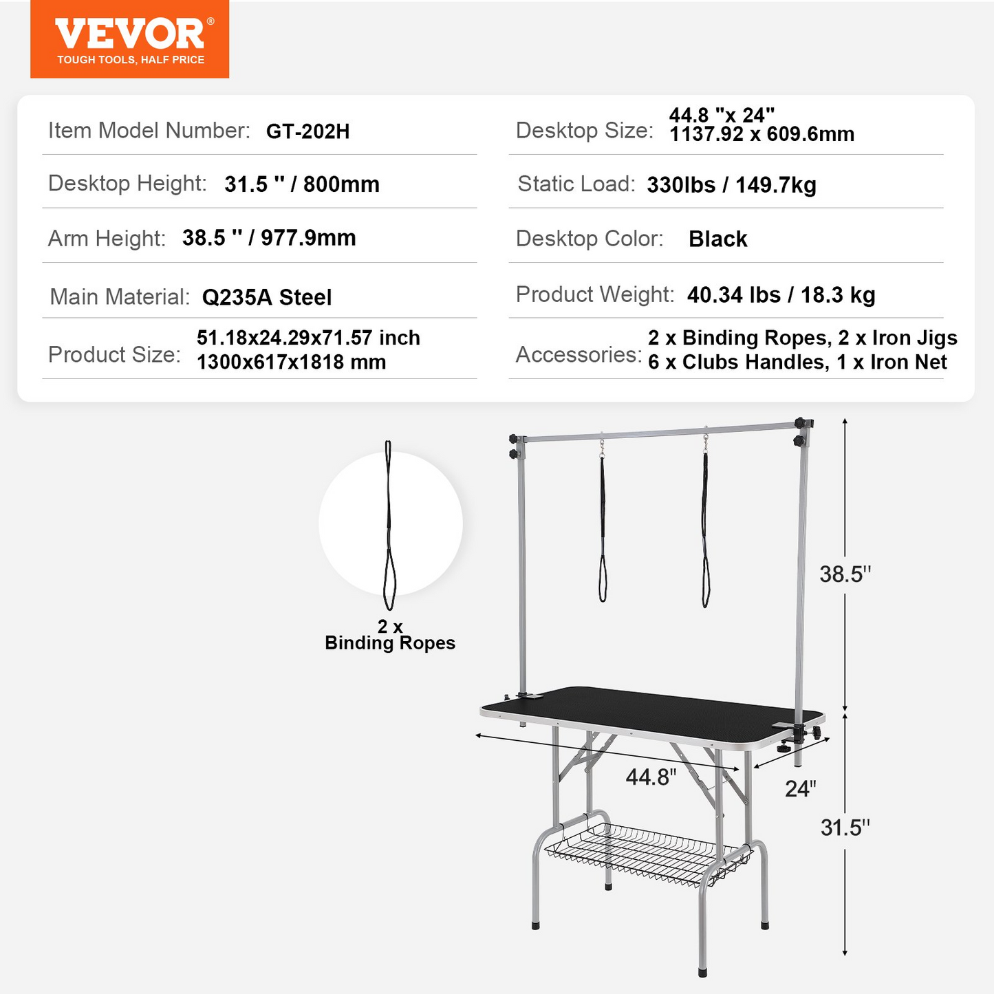 VEVOR Pet Grooming Table Two Arms with Clamp, 46'' Dog Grooming Station