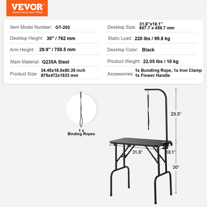 VEVOR Pet Grooming Table Arm with Clamp, 32''x18'' Dog Grooming Station, Foldable Pets Grooming Stand for Medium and Small Dogs, Free No Sit Haunch Holder with Grooming Loop, Bearing 220lbs