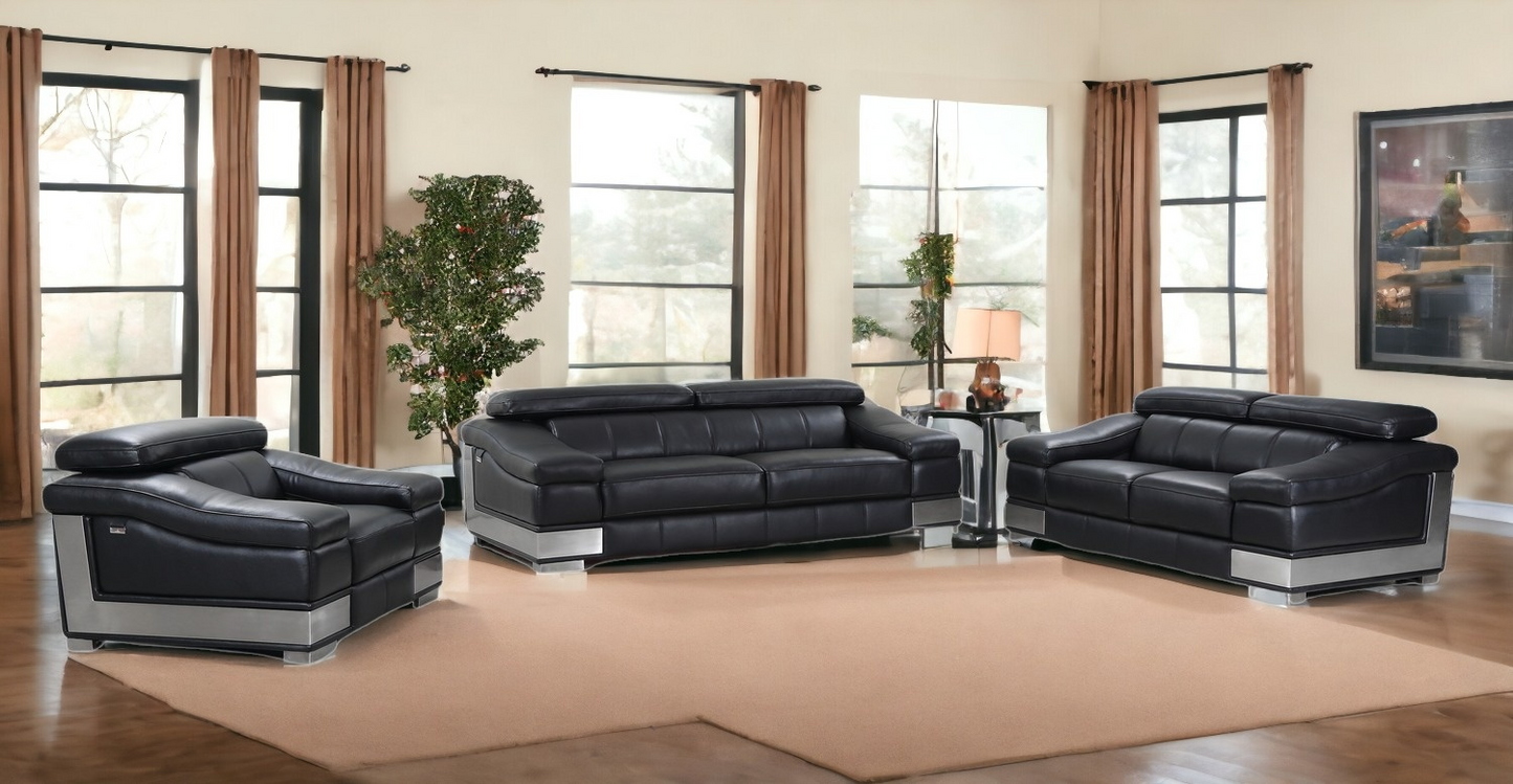 Luxurious Three Piece Indoor Black Italian Leather Six Person Seating Set - Comfort and Style Combined