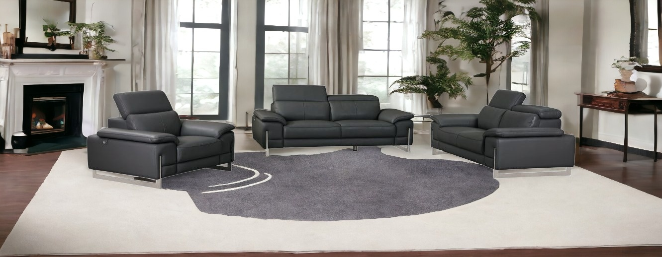 Three Piece Indoor Dark Gray Italian Leather Six Person Seating Set - Durable, Comfortable, and Luxurious Upholstery