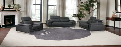 Three Piece Indoor Dark Gray Italian Leather Six Person Seating Set - Durable, Comfortable, and Luxurious Upholstery