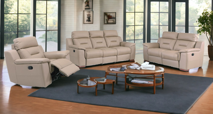 Transform Your Space into a Cozy Haven with Three Piece Indoor Beige Genuine Leather Five Person Seating Set