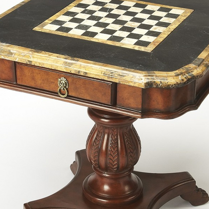 Fossil Stone Game Table - Exquisite Wood Carving and Reversible Game Board