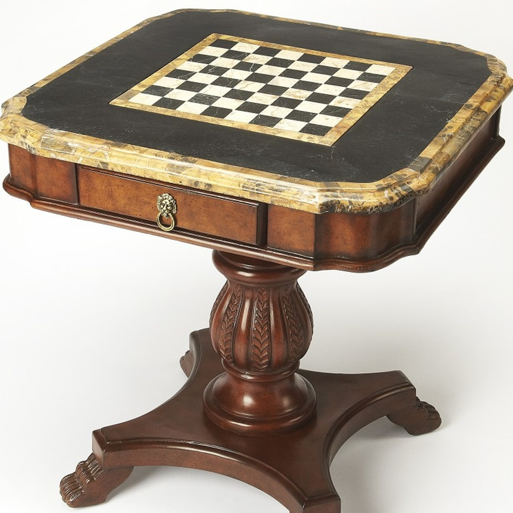 Fossil Stone Game Table - Exquisite Wood Carving and Reversible Game Board