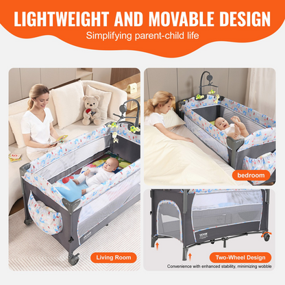 VEVOR Baby Bassinet, 12-Level Height Adjustable Easy to Fold Portable Baby Bassinet Bedside Sleeper with Storage Basket & Wheels, Baby Cradle Bedside Crib with Mosquito Net for Infant Newborn Girl Boy