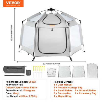 VEVOR Baby Playpen with Canopy, Indoor/Outdoor Portable Playpen for Babies and Toddler, Lightweight & Foldable, Pop Up Toddler Play Yard with 3 Sun-Shades & Travel Bag for Park Beach Home, 59.8"x59.8"