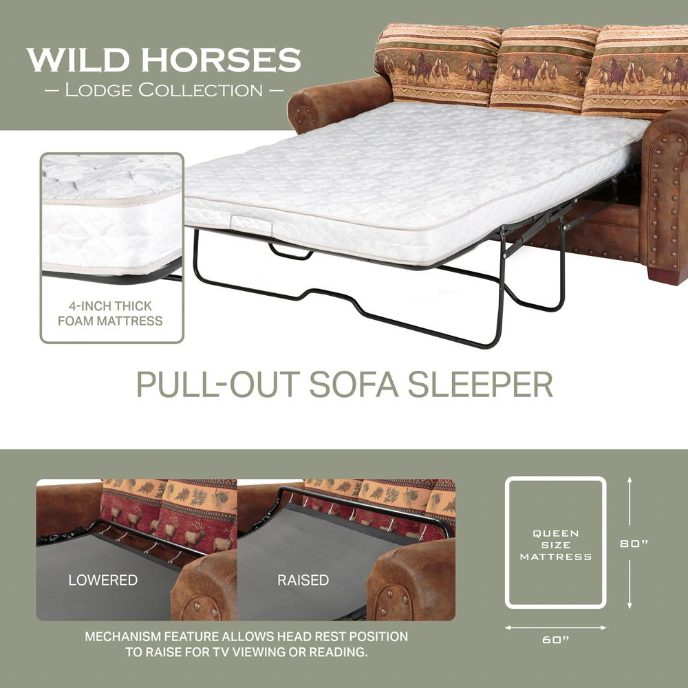 Wild Horses 4 Pc Set with Sleeper - Rustic Lodge Look, Leather-Look Microfiber and Tapestry Fabric, Solid Wood Frame, Nailhead Accents, Queen Mattress Included