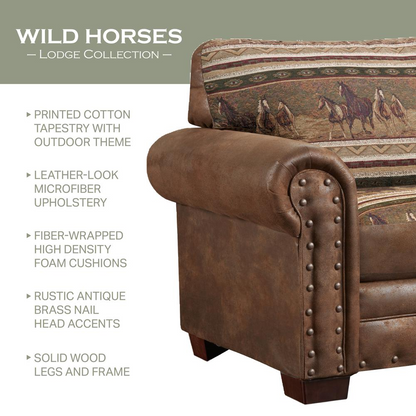 Wild Horses 4 Pc Set with Sleeper - Rustic Lodge Look, Leather-Look Microfiber and Tapestry Fabric, Solid Wood Frame, Nailhead Accents, Queen Mattress Included