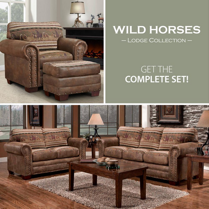 Wild Horses 4 Pc Set with Sleeper - Rustic Lodge Look, Leather-Look Microfiber and Tapestry Fabric, Solid Wood Frame, Nailhead Accents, Queen Mattress Included