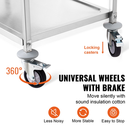 VEVOR Kitchen Utility Cart, 3 Tiers, Wire Rolling Cart w/ 450LBS Capacity, Steel Service Cart on Wheels, Metal Storage Trolley w/ 80mm Basket Curved Handle PP Liner 6 Hooks, for Indoor and Outdoor Use